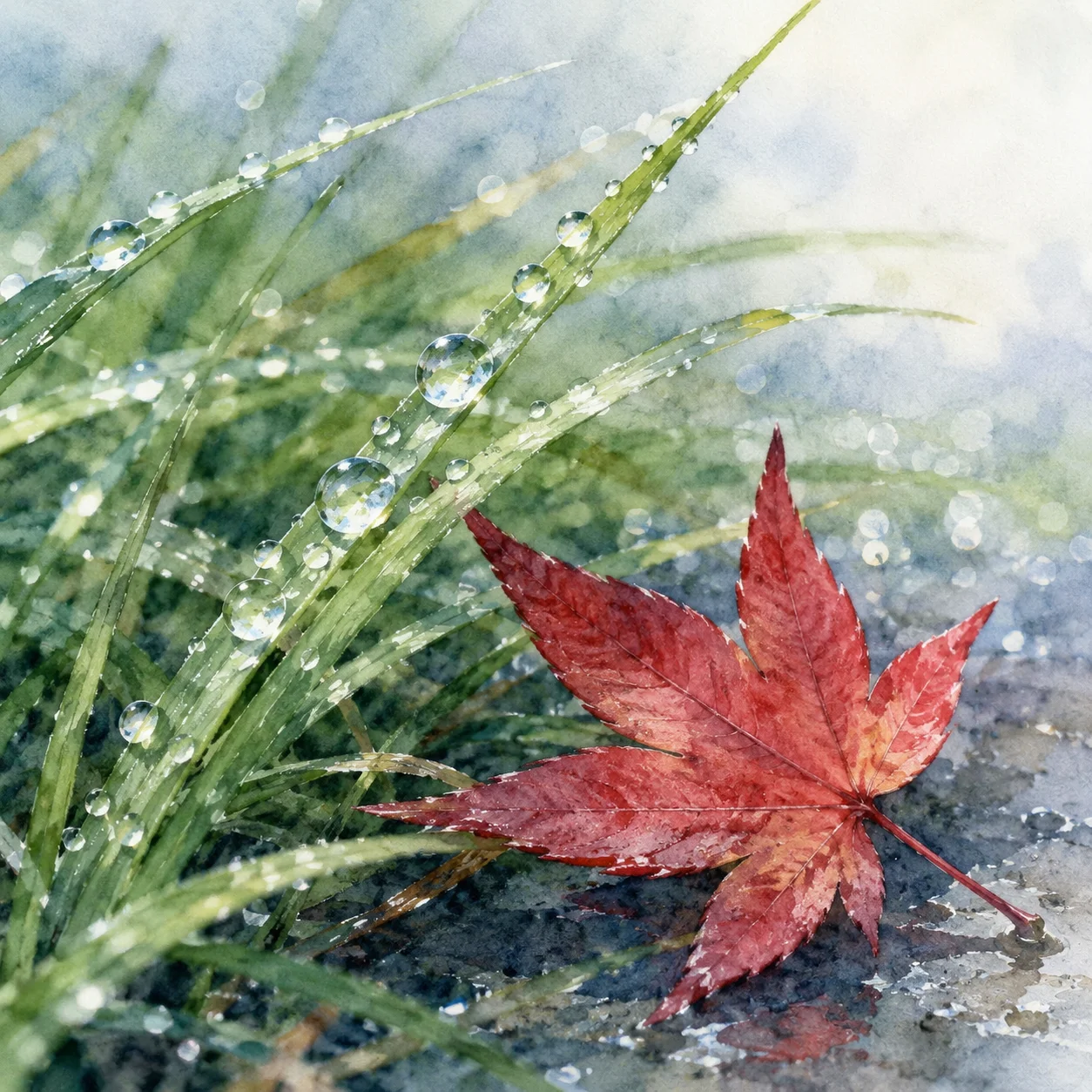 朝の草の葉に並んだ露のしずくの接写。かたわらに赤いもみじの葉が一枚だけ落ちている