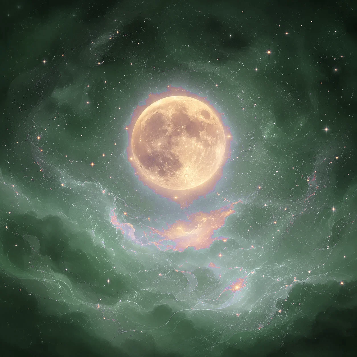 夜空に輝く満月と星のきらめきを描いたイメージ
