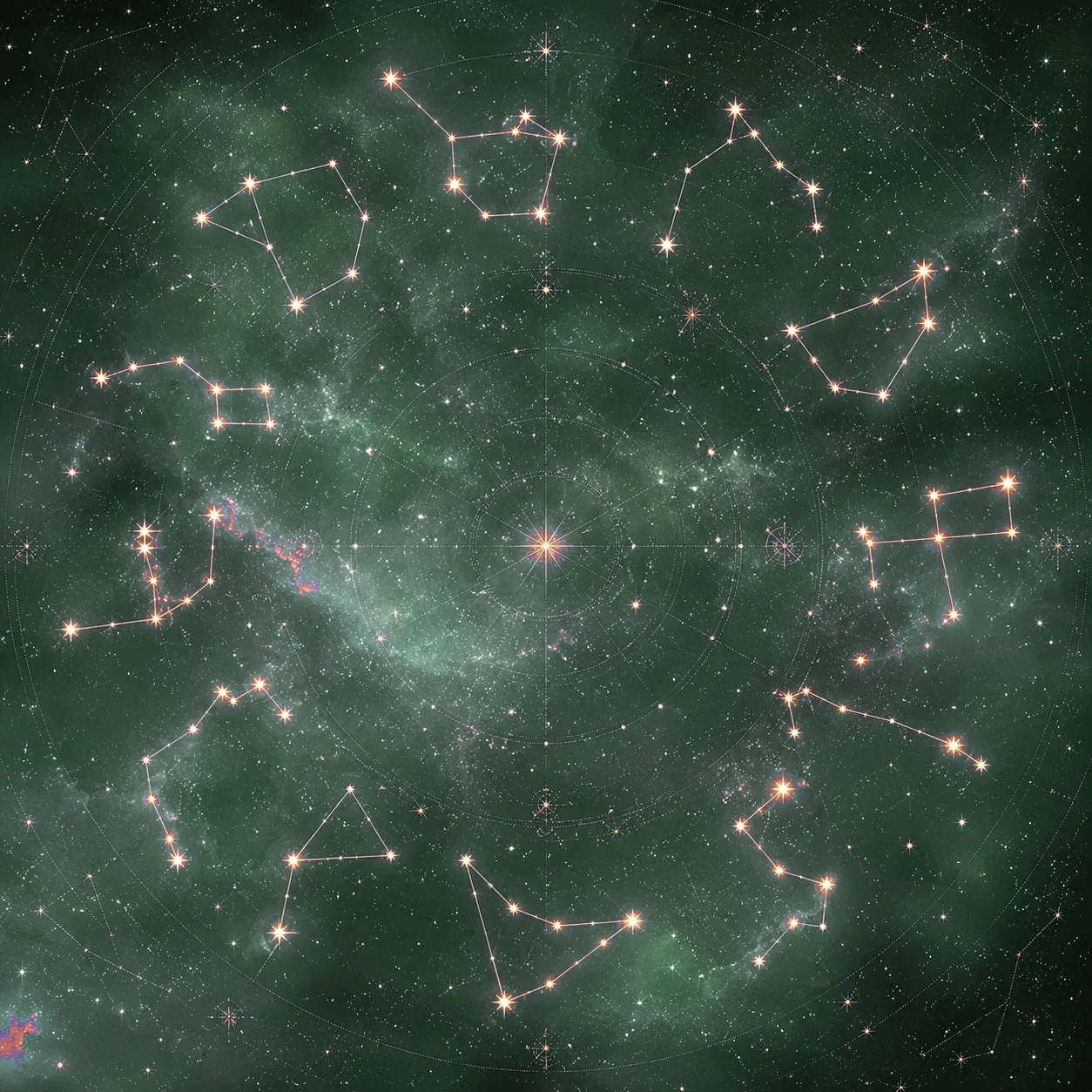 夜空に浮かぶ12星座のシンボルと金色の光のイメージ