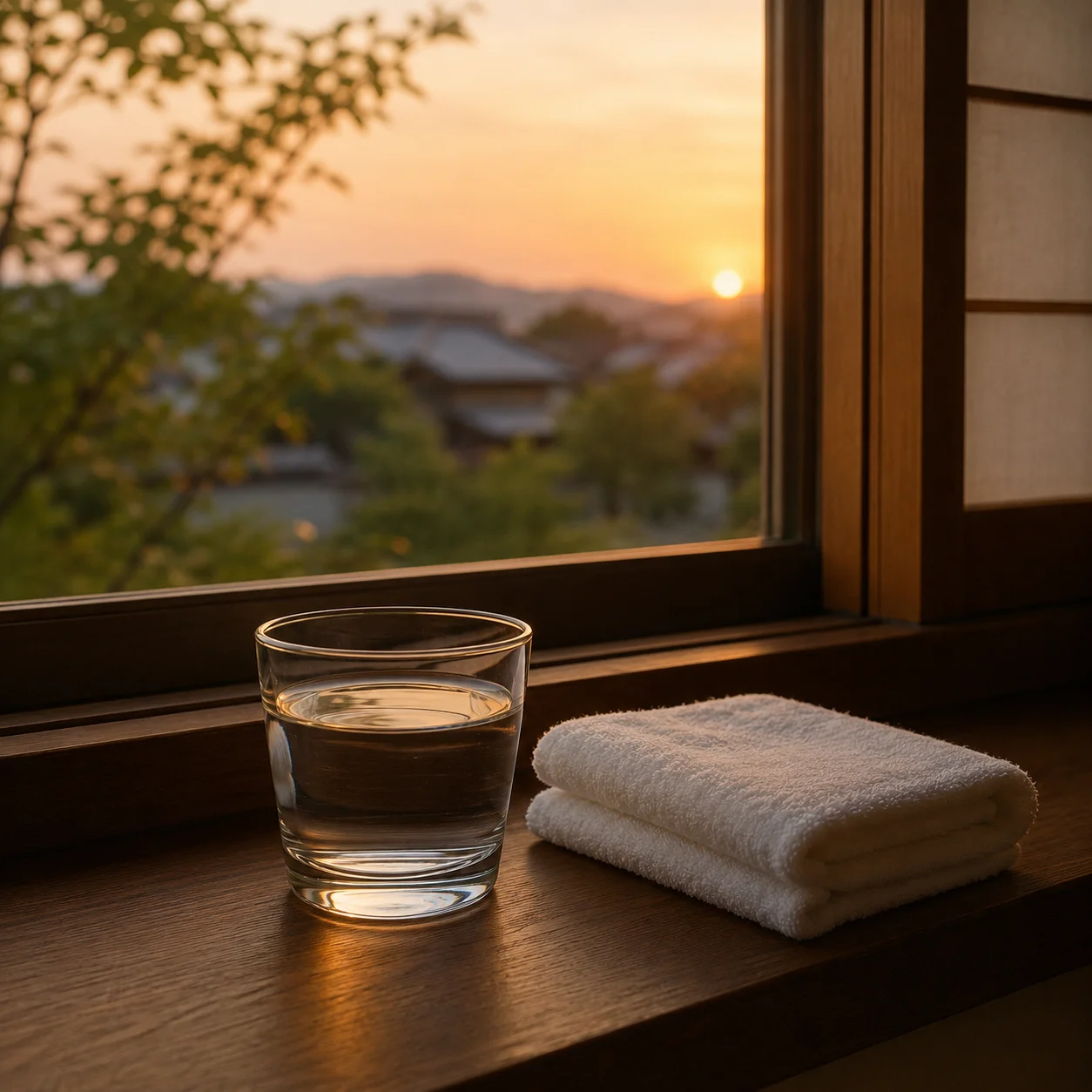 夏の夕暮れの窓辺に置かれた水の入ったガラスのコップと、たたまれた白いタオル