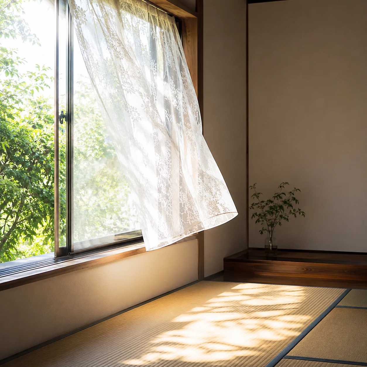 真夏の白い日差しが差し込む窓と、揺れる薄いカーテンの静かな室内
