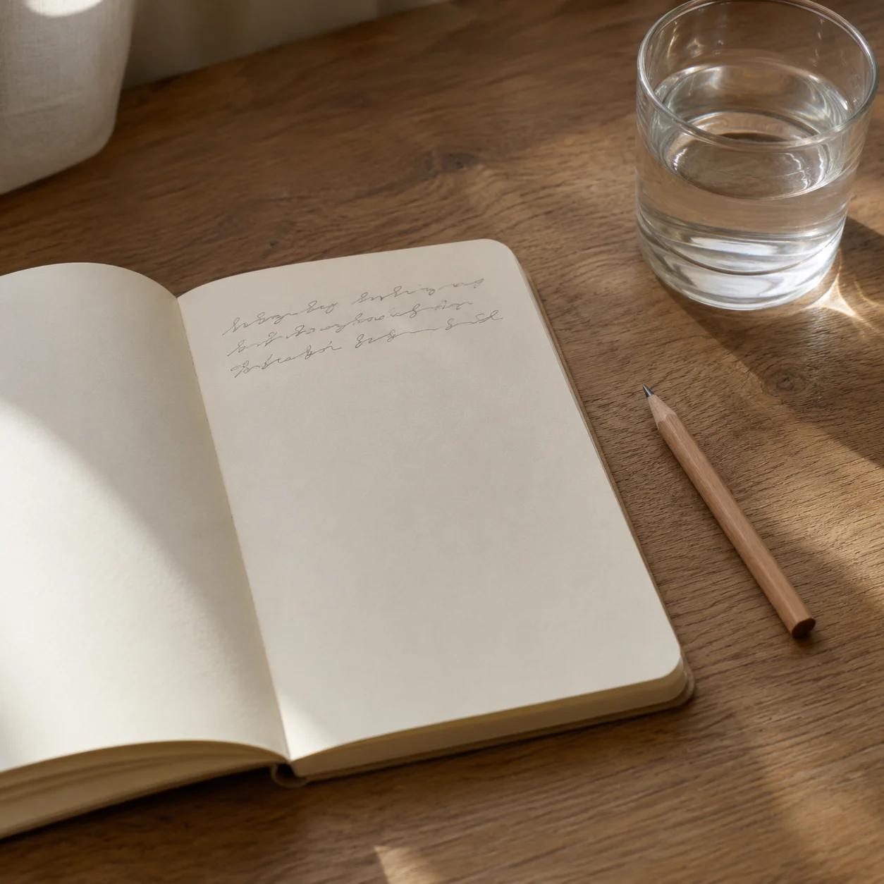 小さなノートに数行だけ書き込まれたページと、置かれた鉛筆、傍らのコップの水