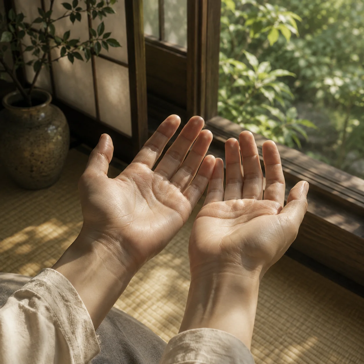 両手を並べて手のひらを上に向け、明るい窓辺で線を見比べている様子