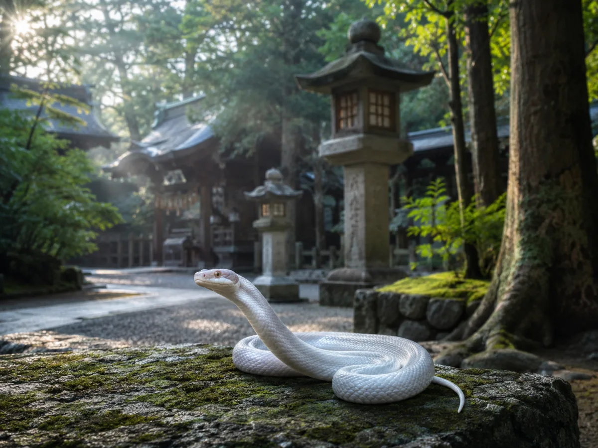 神社の境内に佇む白蛇——金運の女神・弁財天の使い