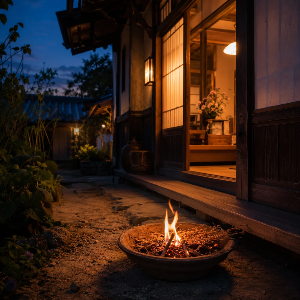 夕暮れの玄関先で焚く迎え火とおがらの炎