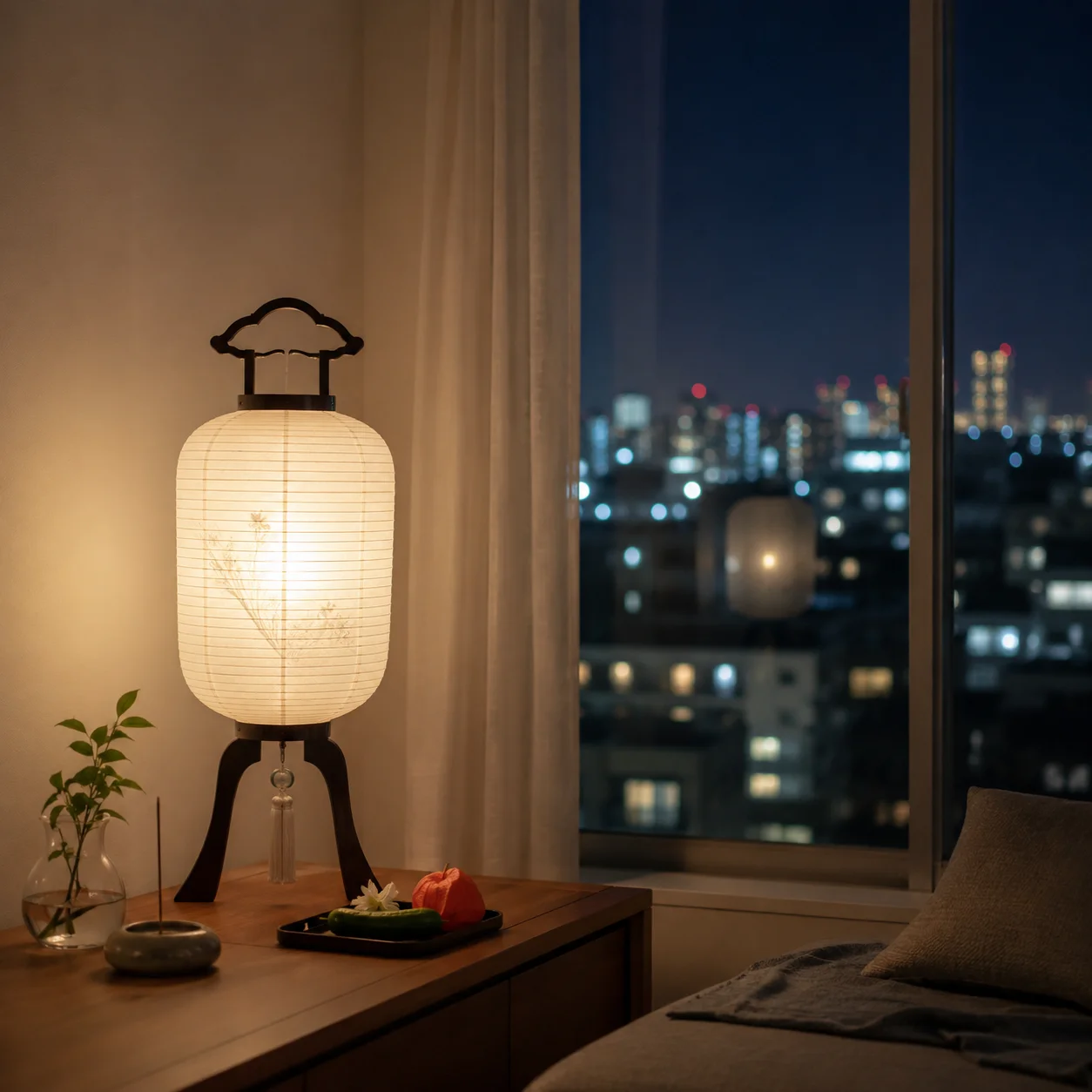 窓辺に灯した盆提灯 マンションでの迎え火の代用