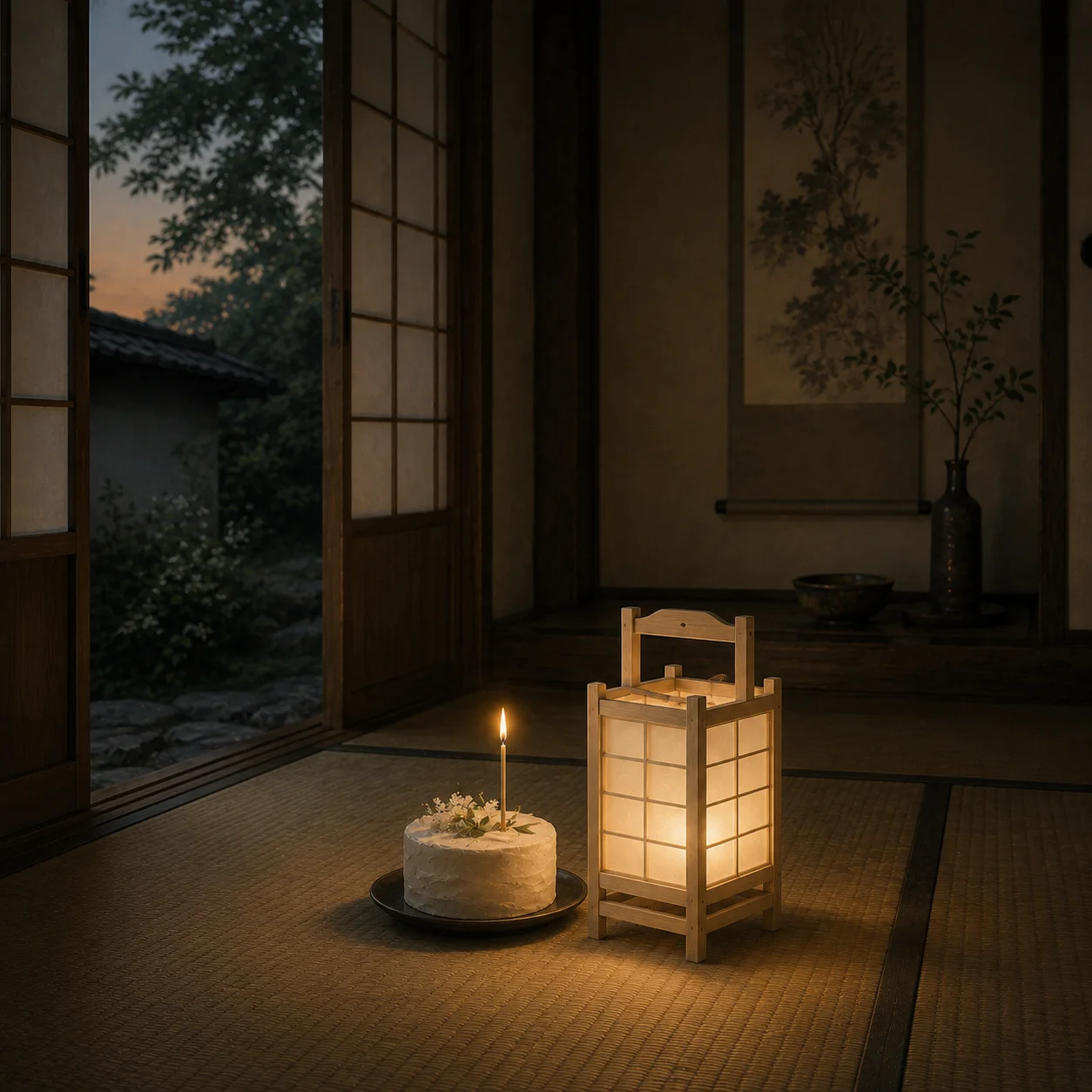 夏の夕暮れ、盆提灯の灯りのそばに置かれた小さなろうそくつきのケーキ