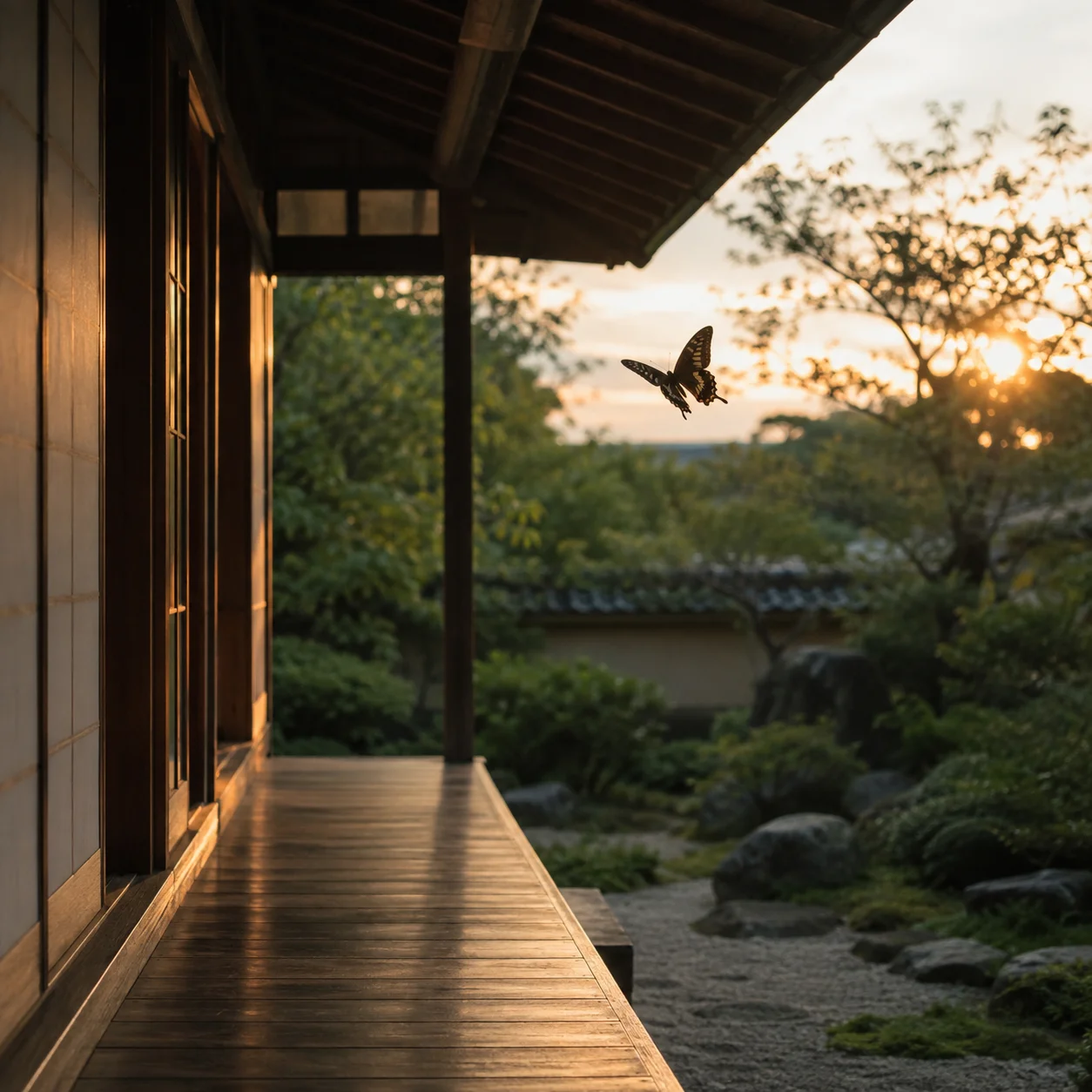 夏の夕暮れの縁側。一匹の黒いアゲハ蝶が静かに舞っている
