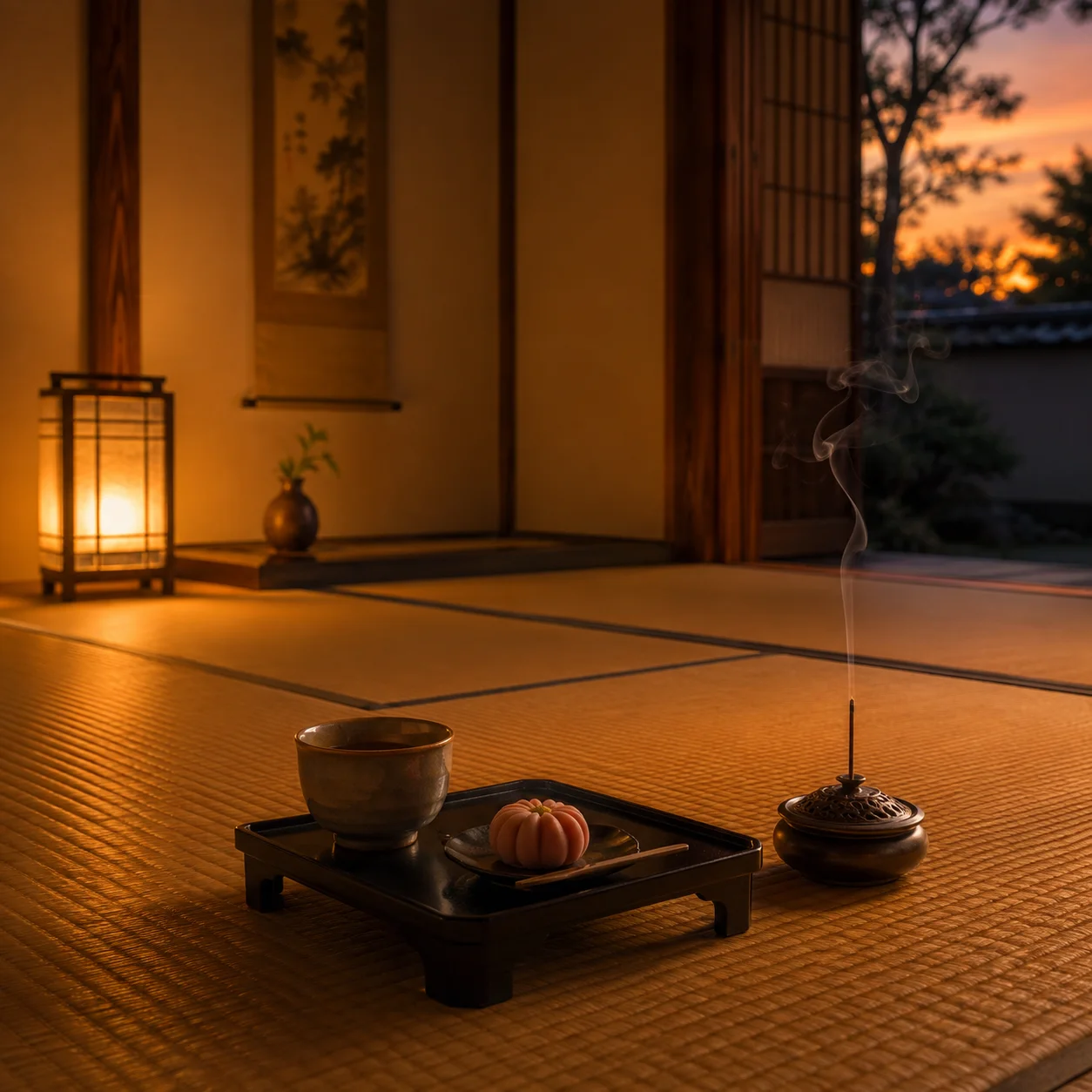 夕暮れの和室。膳に供えられた湯呑みと和菓子、傍らの香炉から立つ細い煙