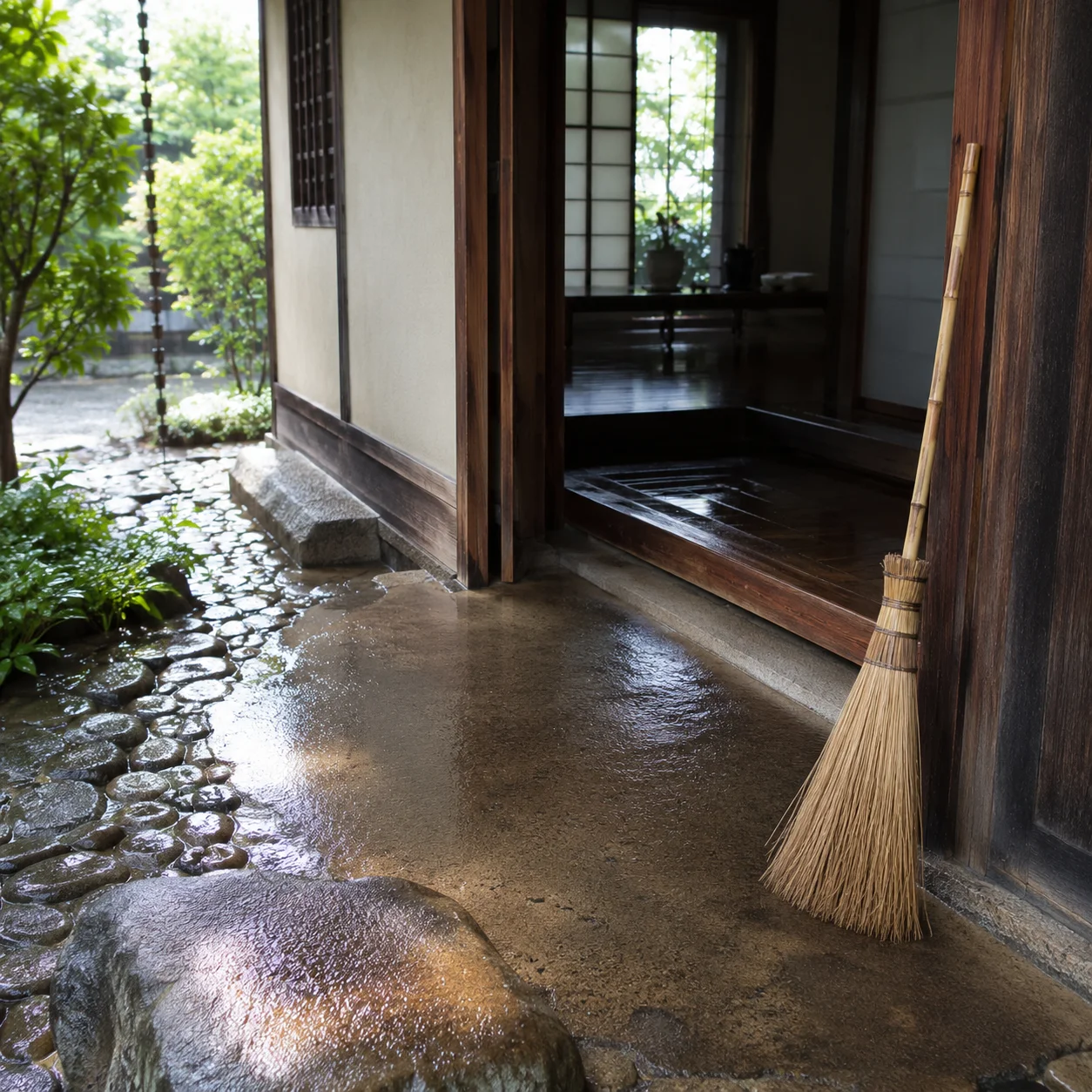 打ち水をした直後の玄関先。濡れた三和土と、立てかけられた竹箒