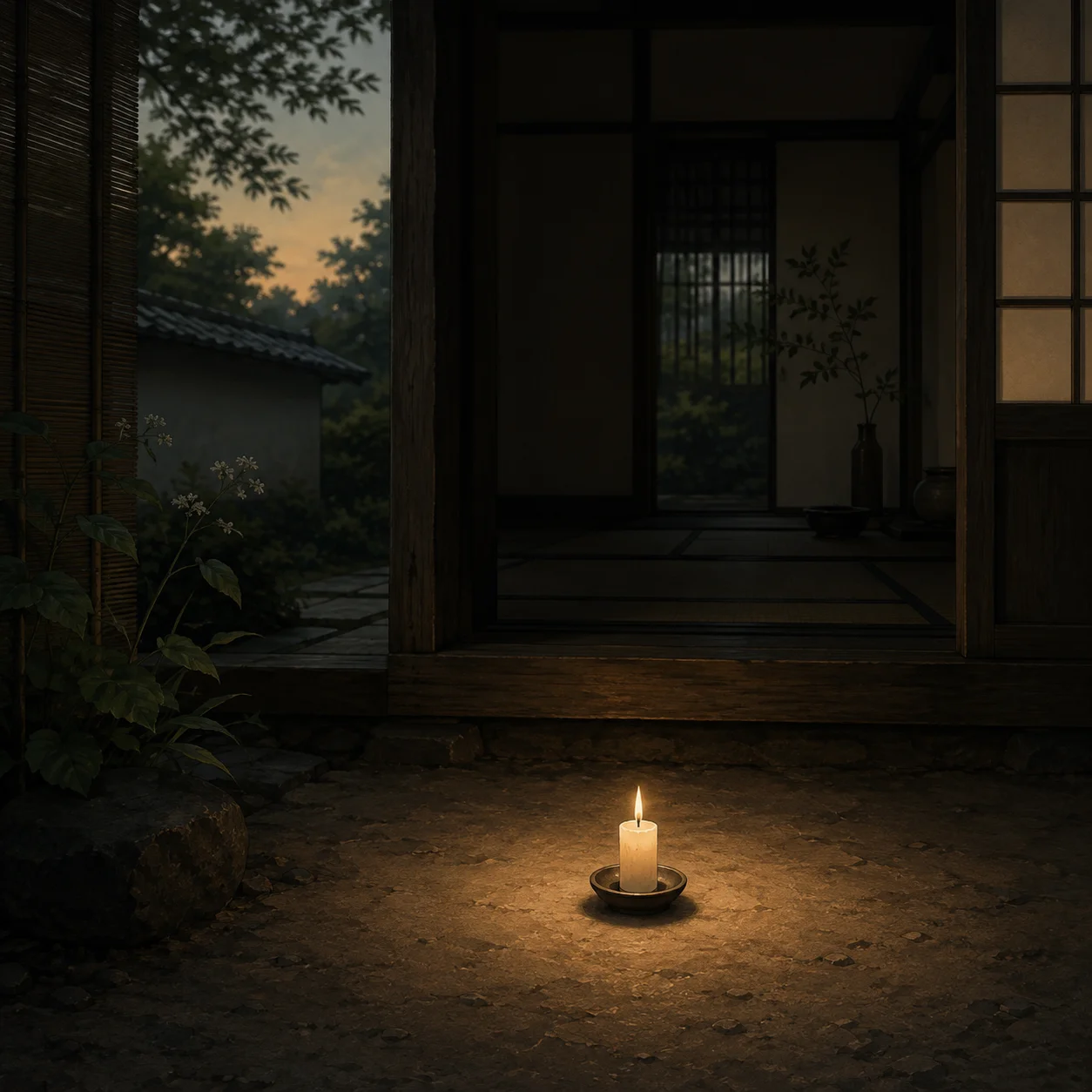 夕暮れの玄関先。小さなろうそくが一本だけ静かに灯っている