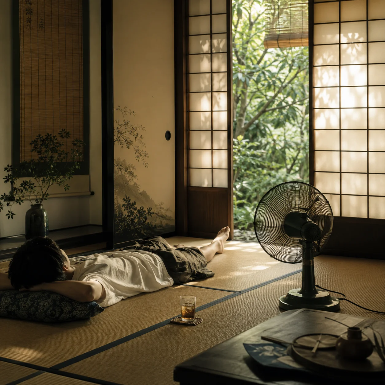 夏の午後、畳の部屋で扇風機の風を受けながら横になっている人の静かな情景