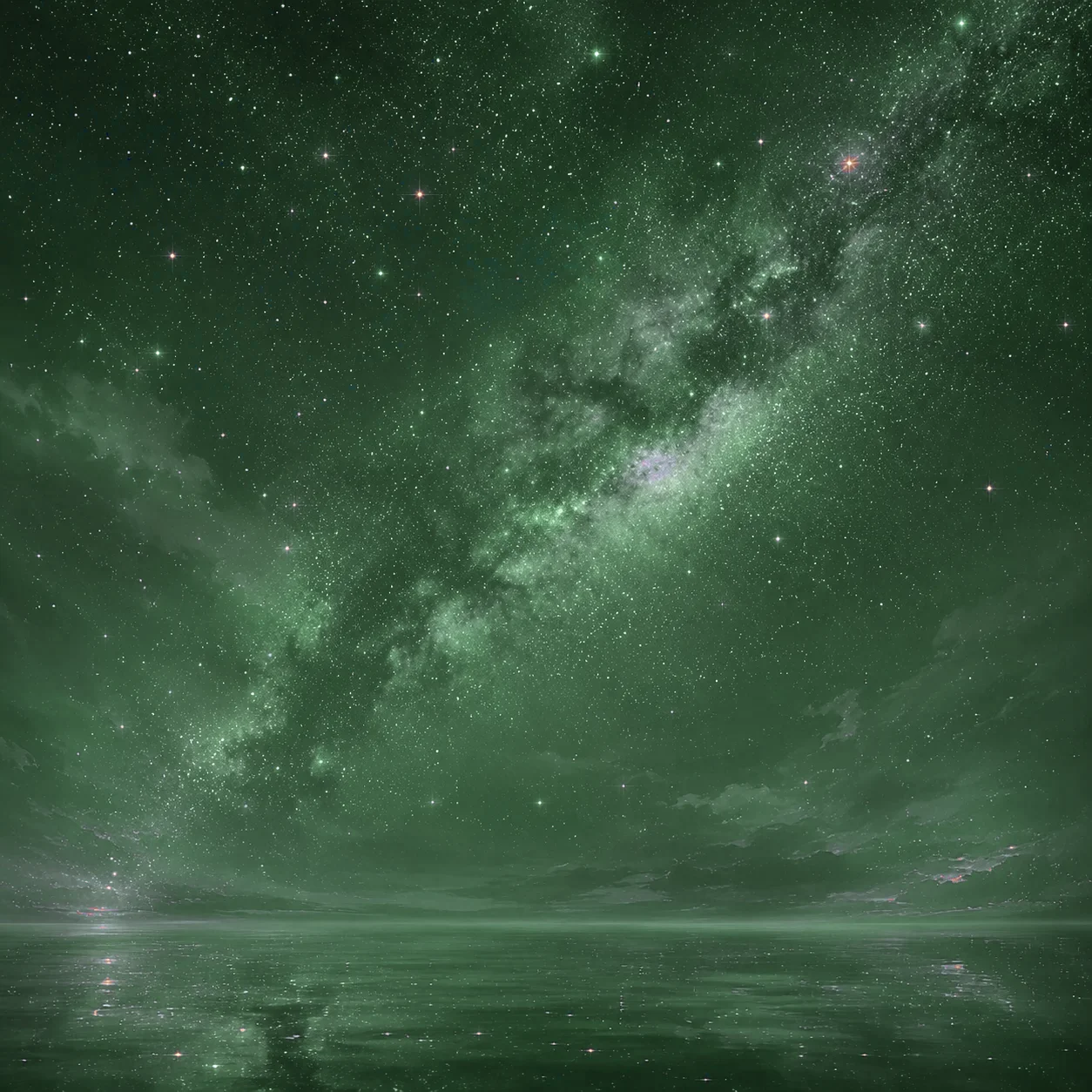 天の川と星空、静かな水面を描いたイメージ