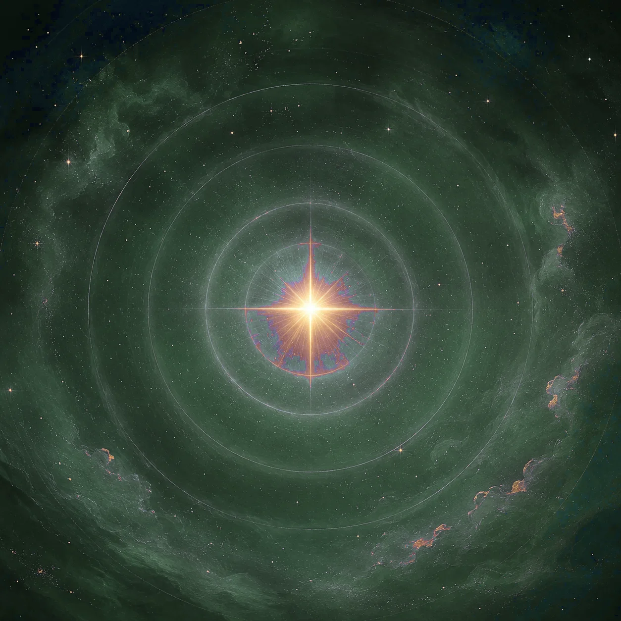 中心で輝く星とそれを囲む同心円の光を描いた抽象的なイメージ