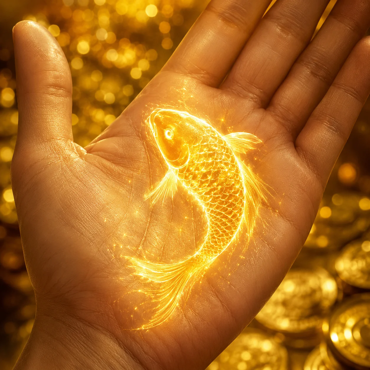 手のひらの魚紋（フィッシュ）が金色に輝くイメージ