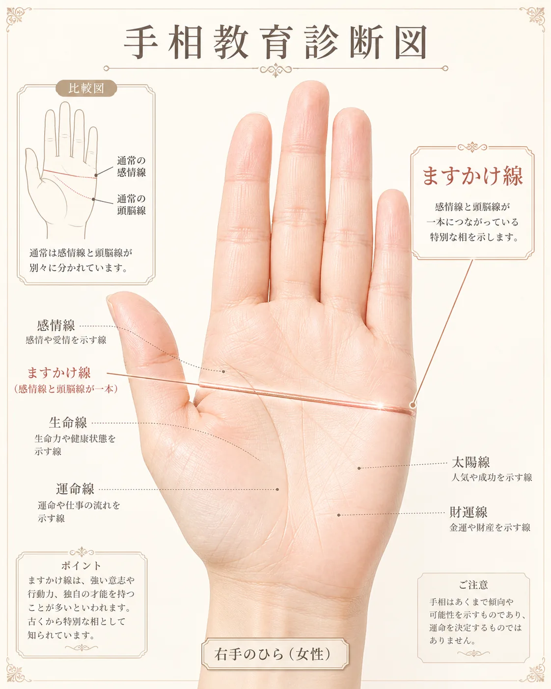 右手だけにますかけ線がある女性の手相を解説した教育診断図