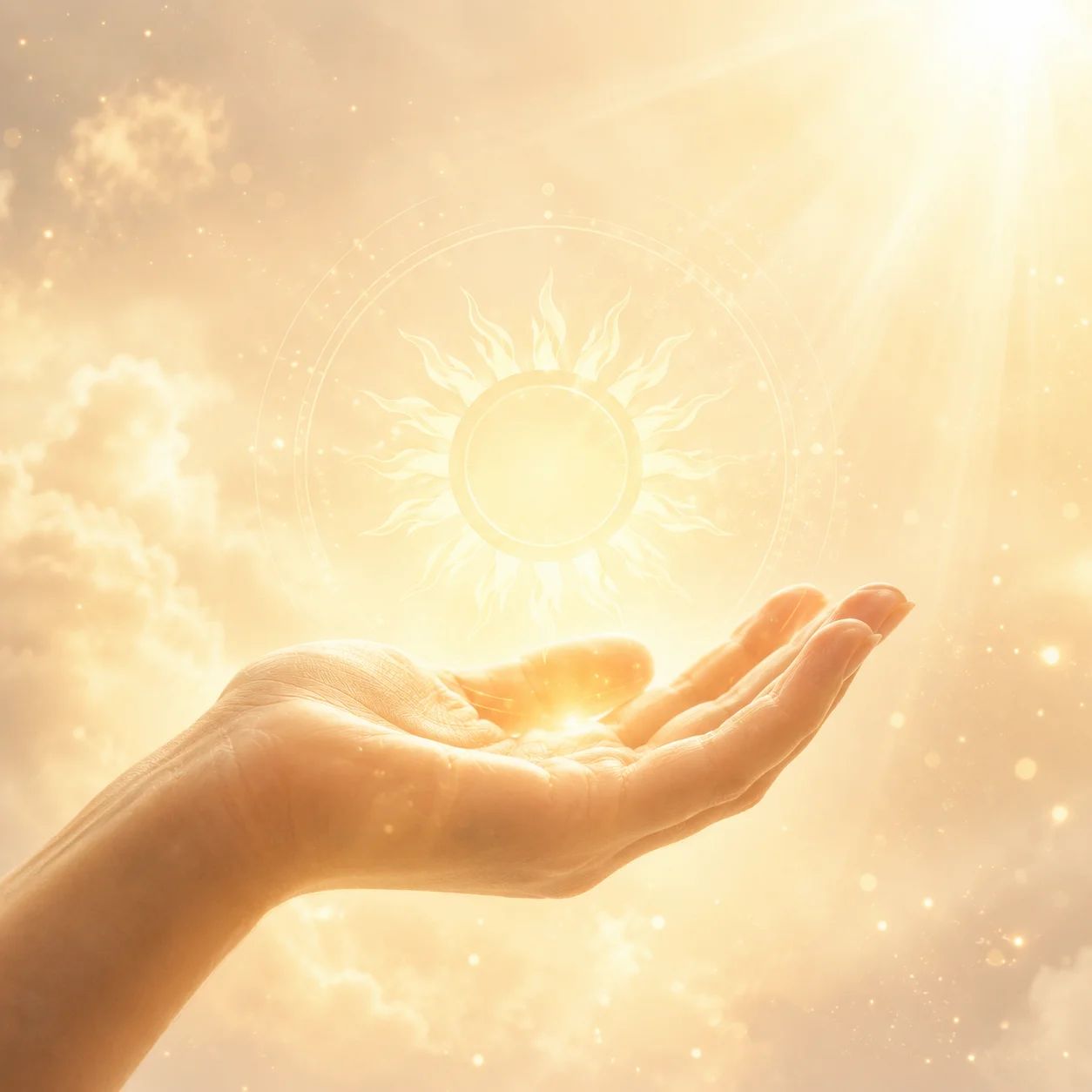 太陽の光に照らされた開いた手のひらのイメージ