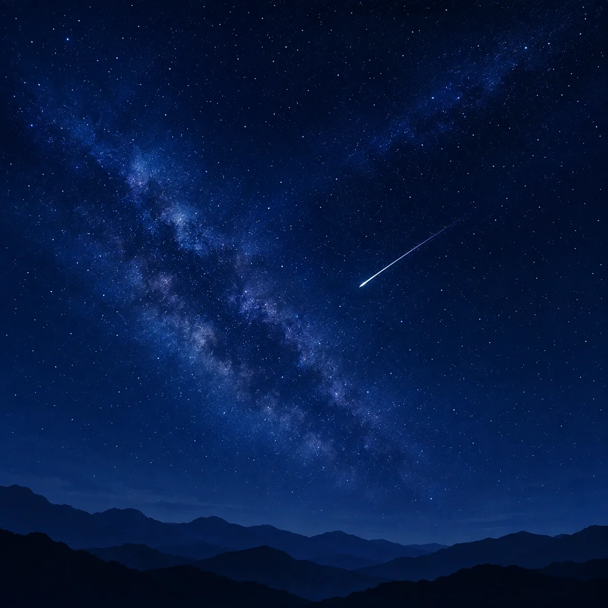 天の川が広がる濃紺の夜空を一筋の流れ星が走り、下方に山の稜線が連なる