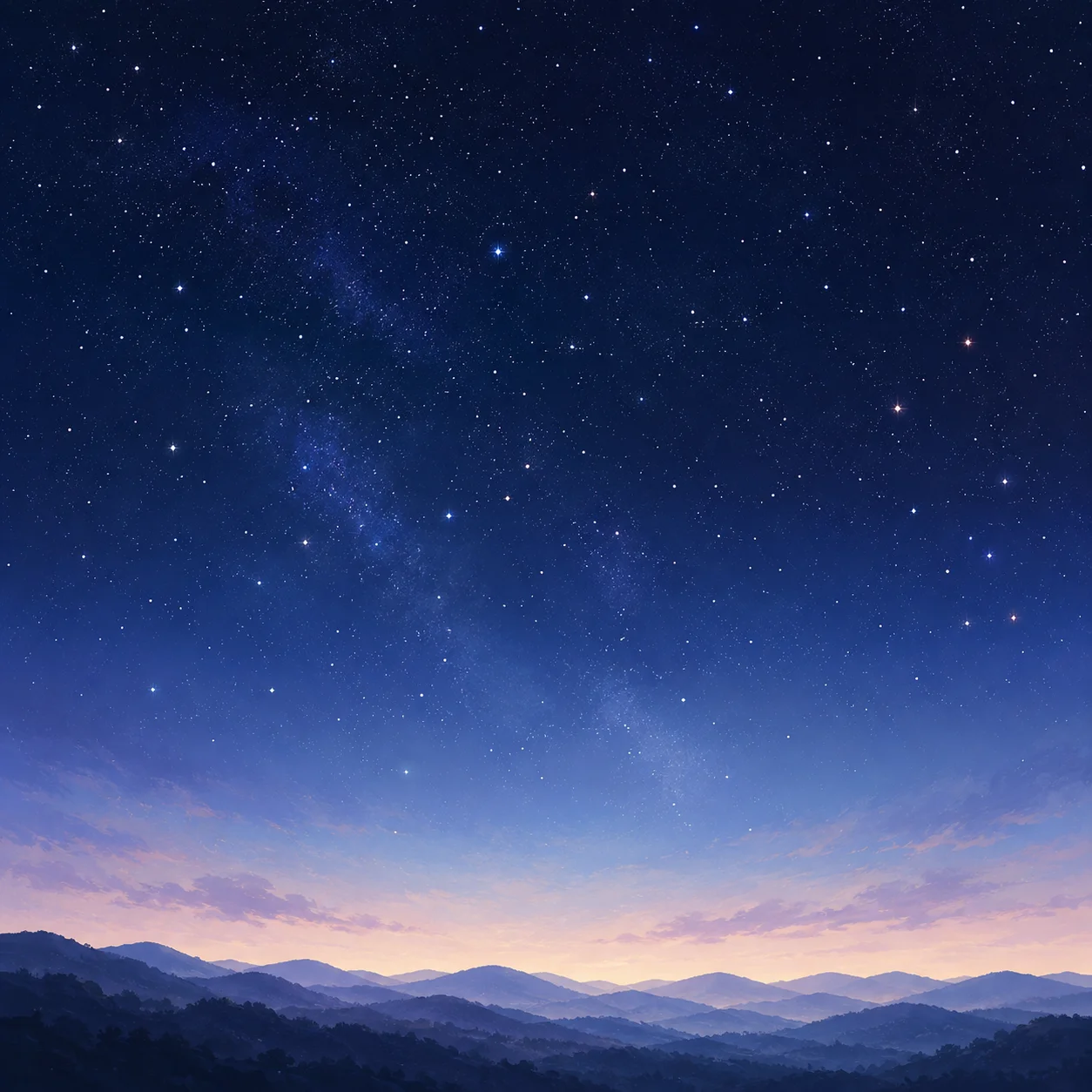 無数の星が散る夜空と、薄明に染まる地平線ぎわの丘の連なり