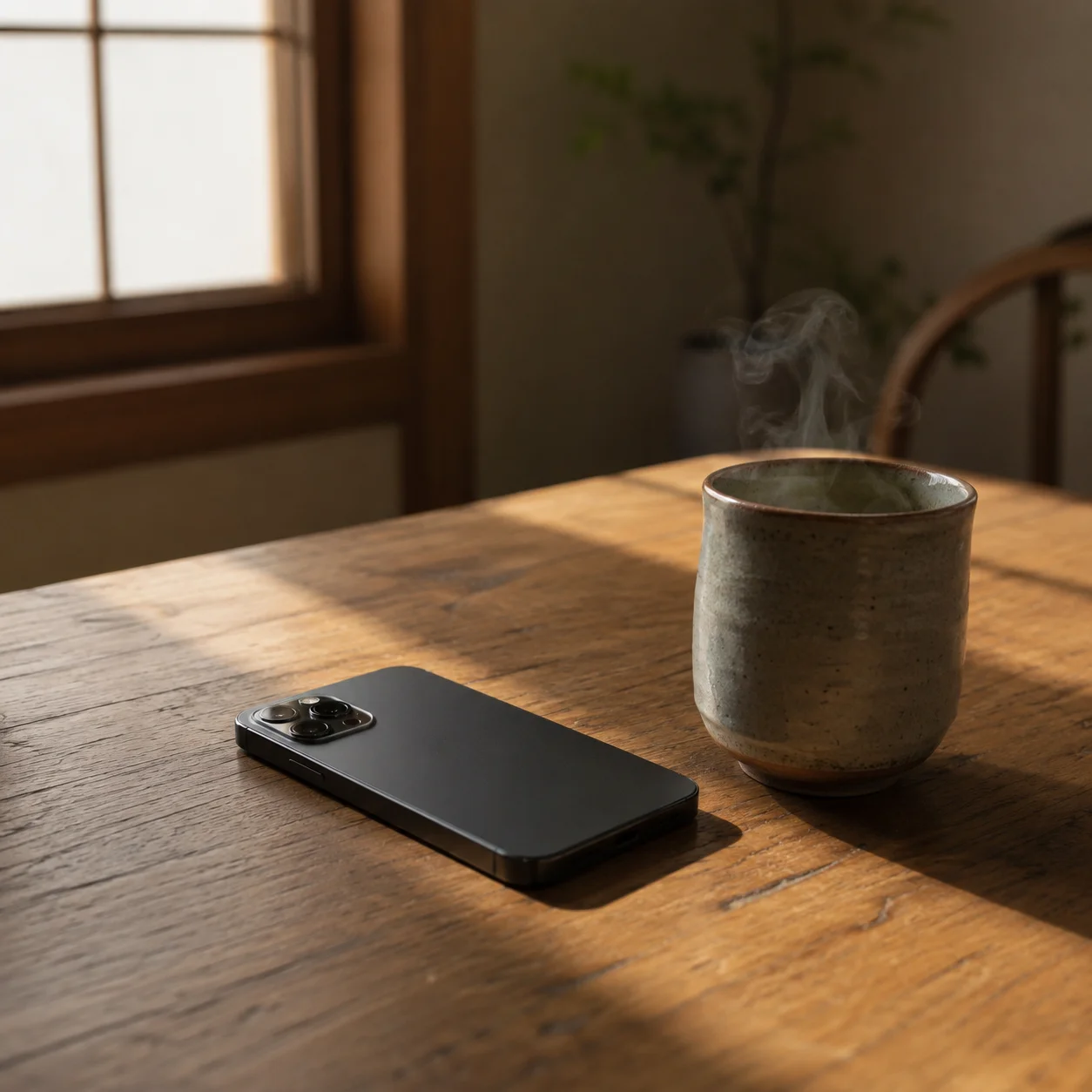 木のテーブルに画面を下にして置かれた黒いスマートフォンと、湯気の立つ湯呑み。窓から朝の斜めの光が差している