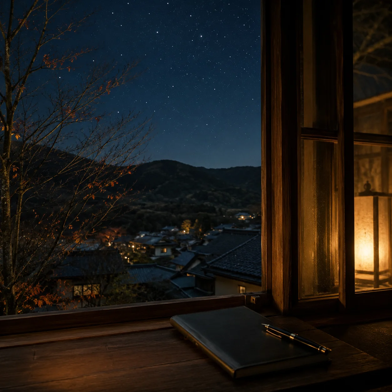 晩秋の窓辺から見た夜景。月のない星空の下に山並みと家々の灯りが広がり、手前の木の窓枠に閉じた黒いノートと万年筆が置かれている