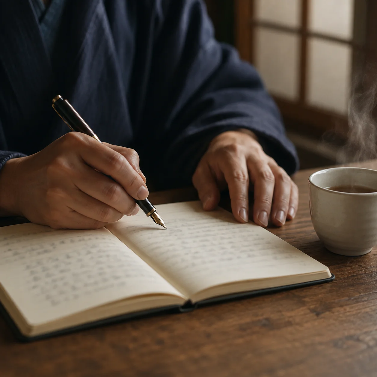 木の机に広げたノートに万年筆で書き込む手元。右手前に湯気の立つ湯呑みが置かれ、背後に障子が見える