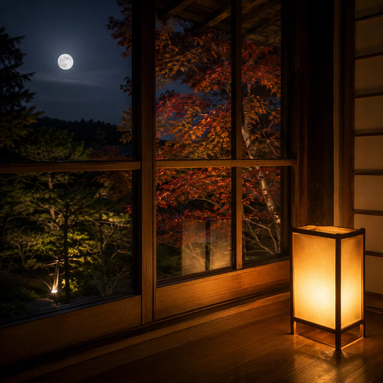 秋の夜の窓辺。木の窓枠の向こうに月がのぼり、室内には灯りをともした小さな行灯が置かれている