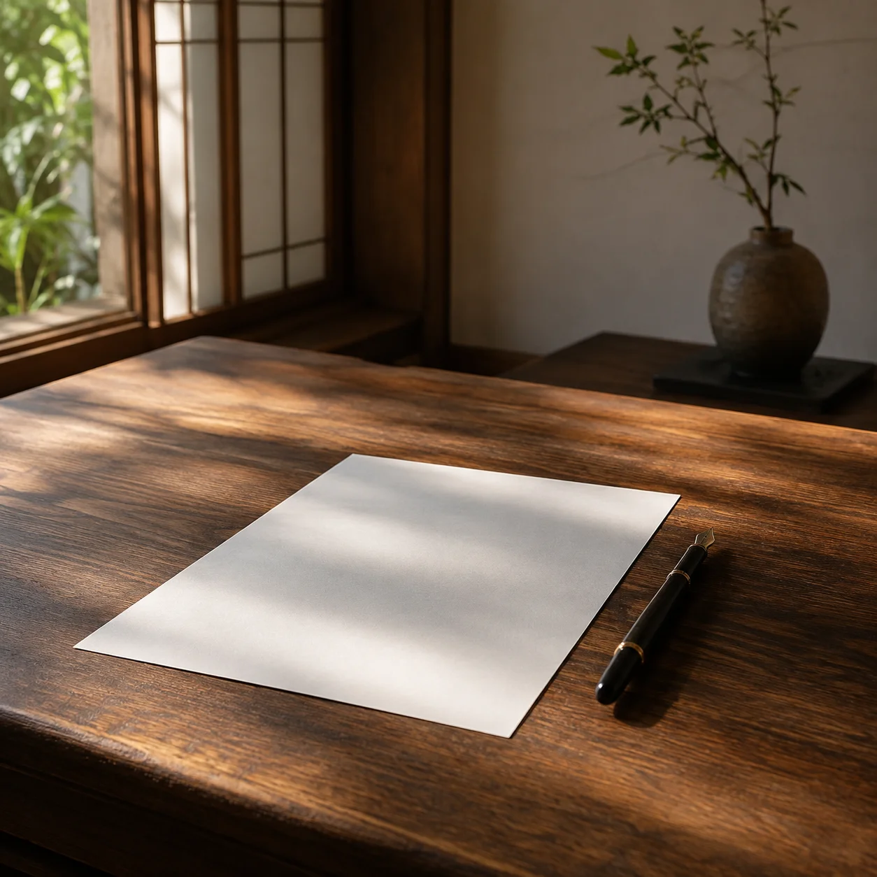 木の机の上に置かれた一枚の白い紙と万年筆。紙には何も書かれていない