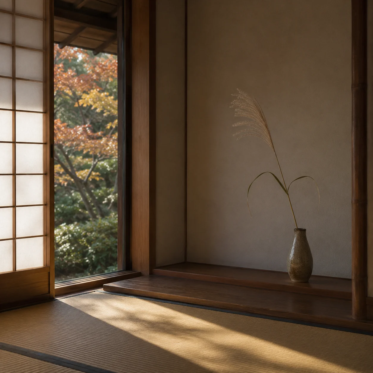 秋の和室。開いた窓の外に色づいた紅葉が見え、床の間の花器にススキが一本挿されて、畳に光の帯が伸びている