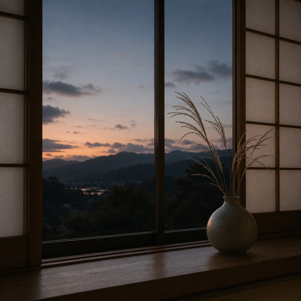 夕暮れの和室の窓辺。窓の外に山並みと茜色の空が広がり、手前の花器にススキが挿されている
