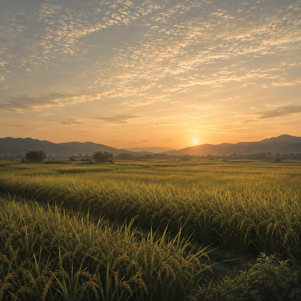夏の終わりの夕暮れ。稲穂の向こうに傾いた日が沈み、空が高くなりはじめている