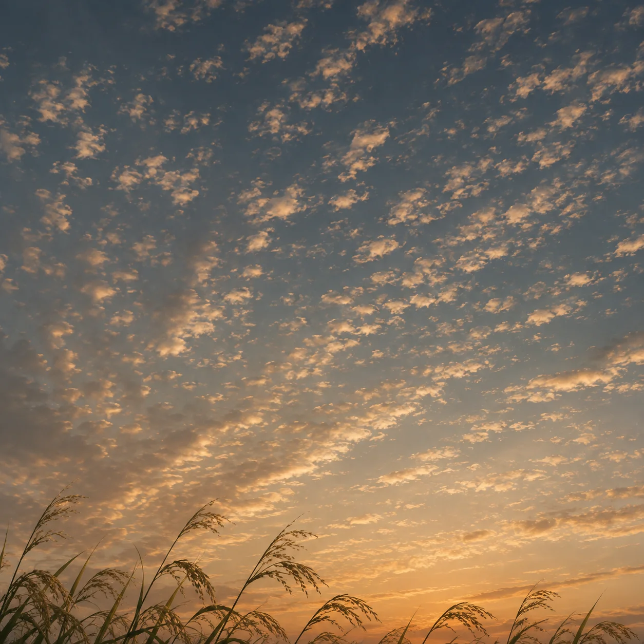 夕方の空に浮かぶうろこ雲。夏の入道雲から秋の空へ移り変わる様子