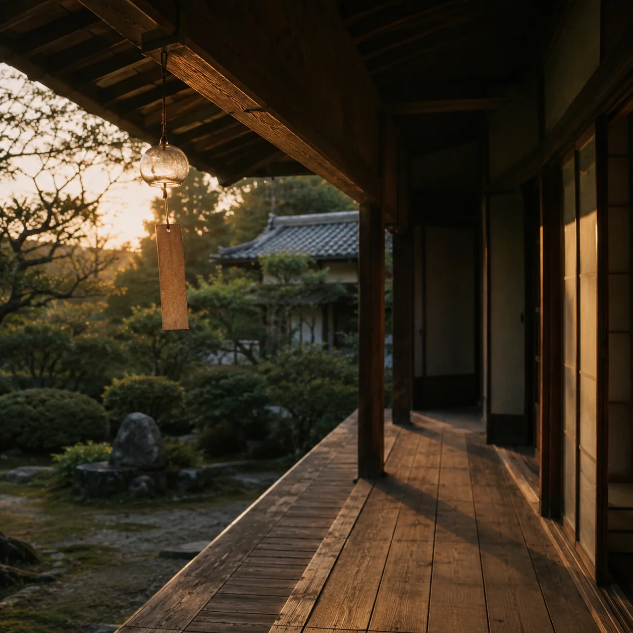 夕暮れの縁側。軒下に下がる風鈴と、板の間に伸びる長い影