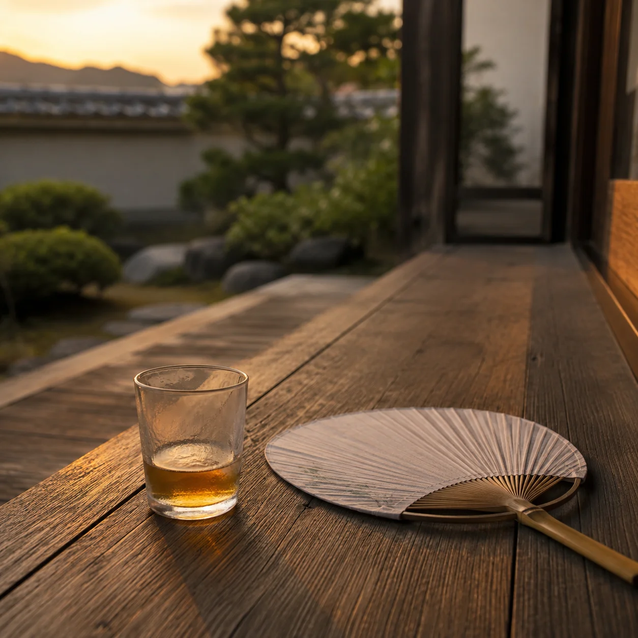 縁側の板の間に置かれた、飲みかけの麦茶のグラスとうちわ
