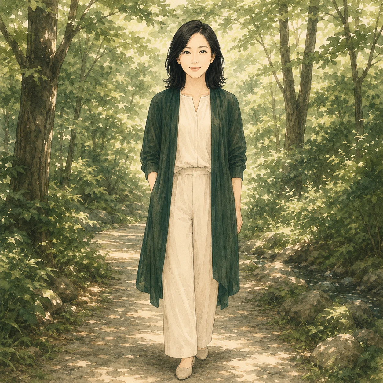 木漏れ日の差す森の小道に立つ杜野しの。深緑の羽織りと生成りの装い