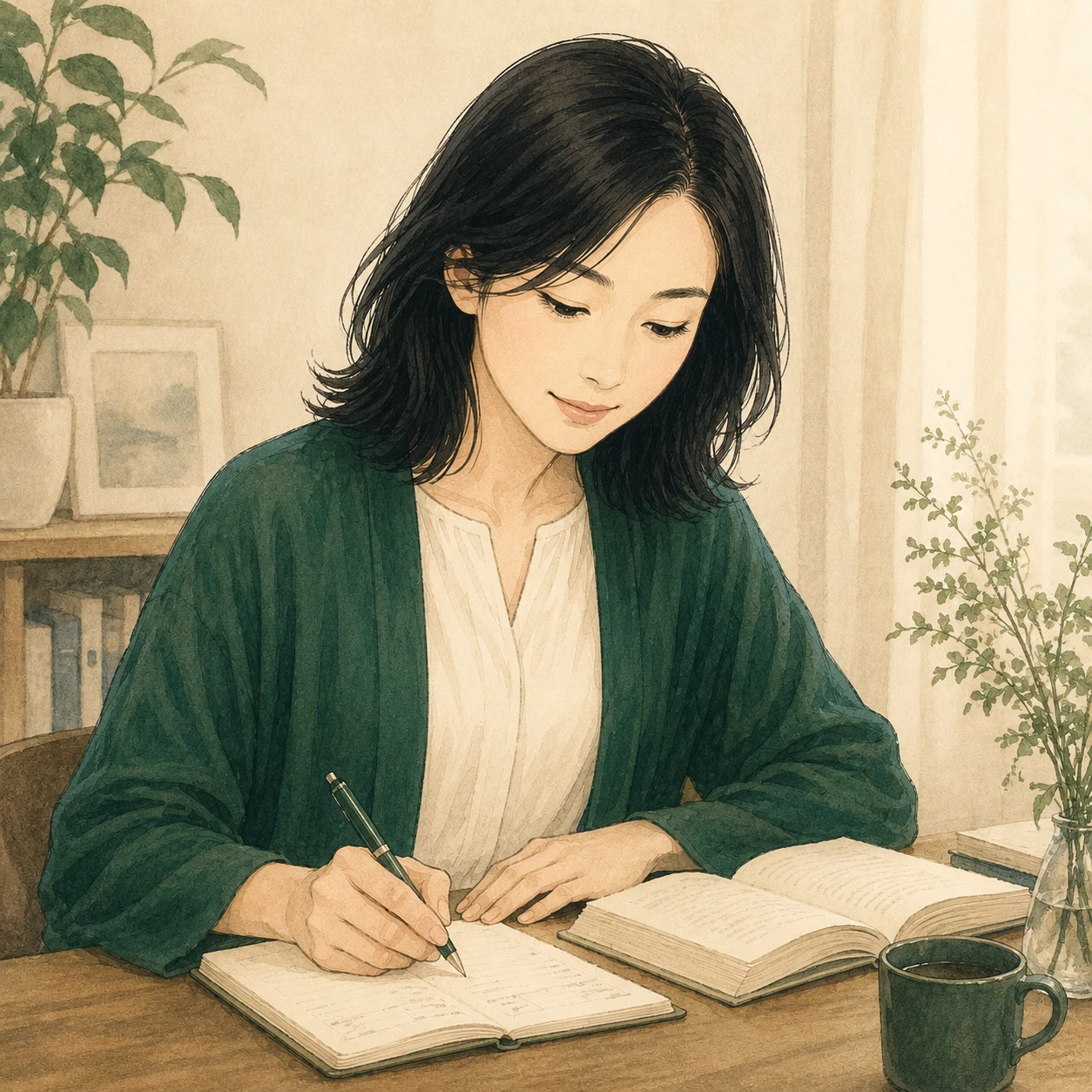 机に向かい、本と手帳を開いて書き物をしている杜野しの