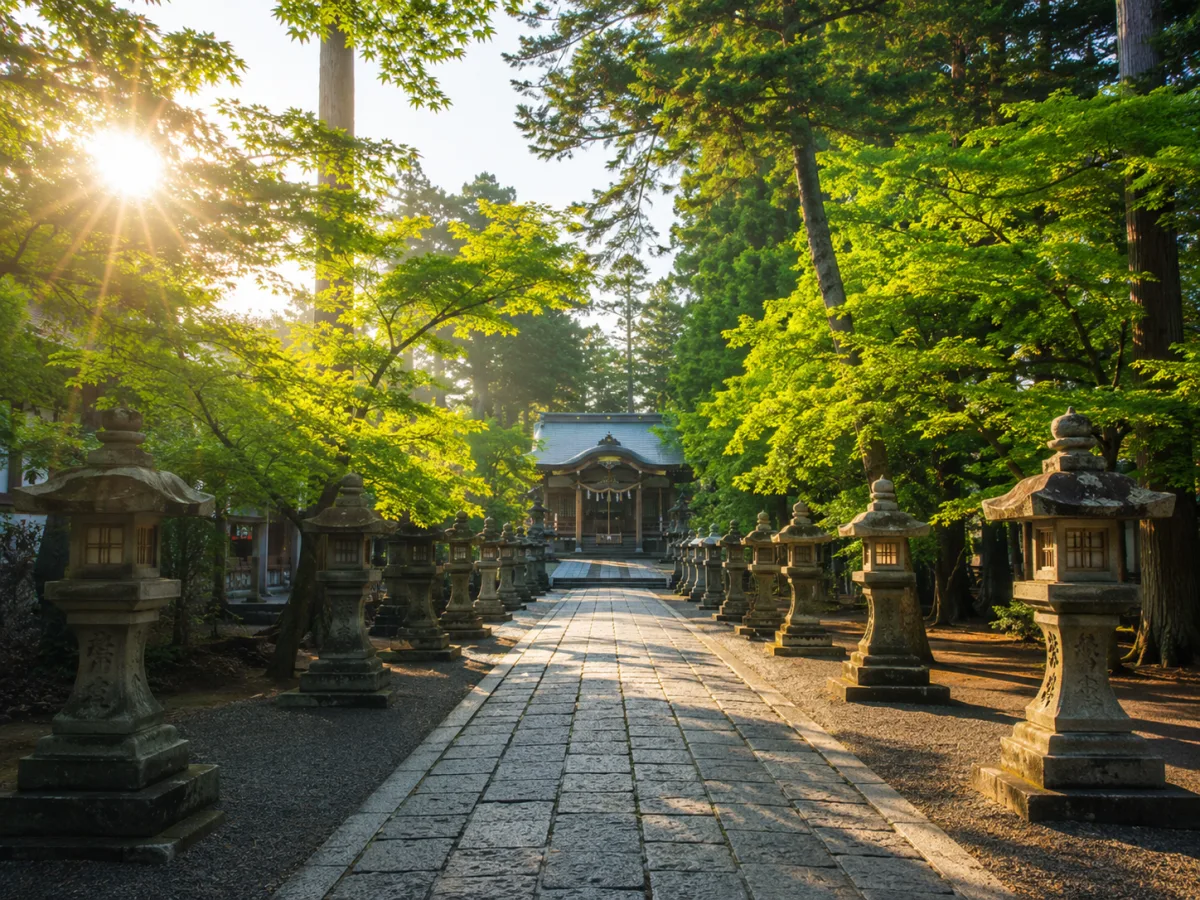 朝日が差し込む神社の参道と灯籠——天赦日の荘厳な朝