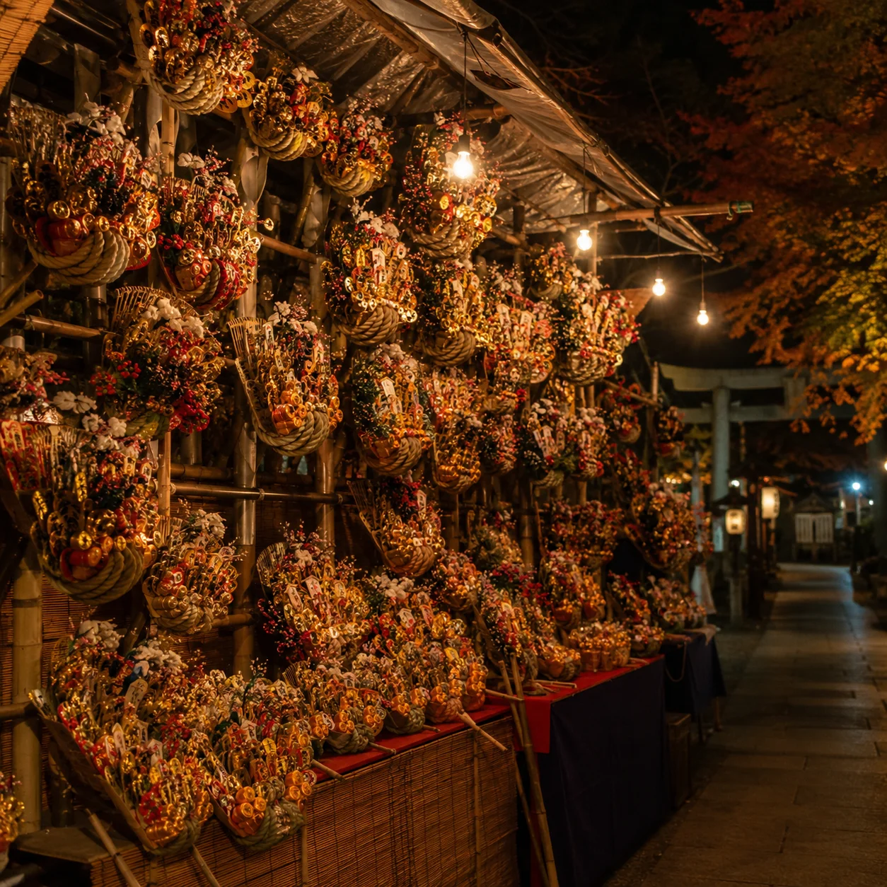 夜の神社の参道に立つ露店。金や赤の飾りをつけた大小の縁起熊手が壁一面に掛けられ、裸電球に照らされている。奥に鳥居と紅葉が見える