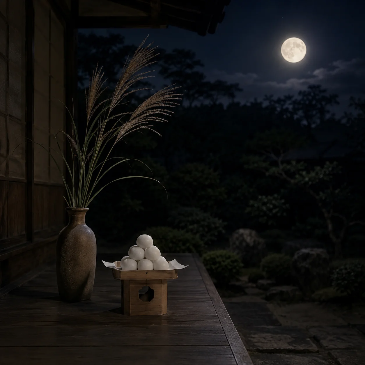 夜の縁側に置かれた三方の月見団子と花瓶のすすき 庭の向こうに昇る白い月