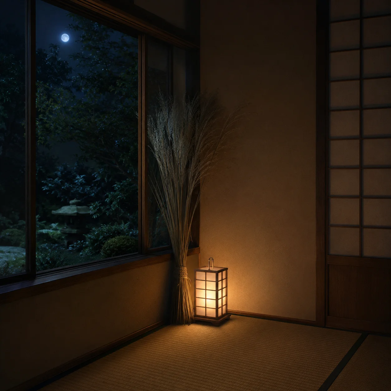 夜の和室の窓辺に立てかけられたすすきの束と、ひとつだけ灯る行灯