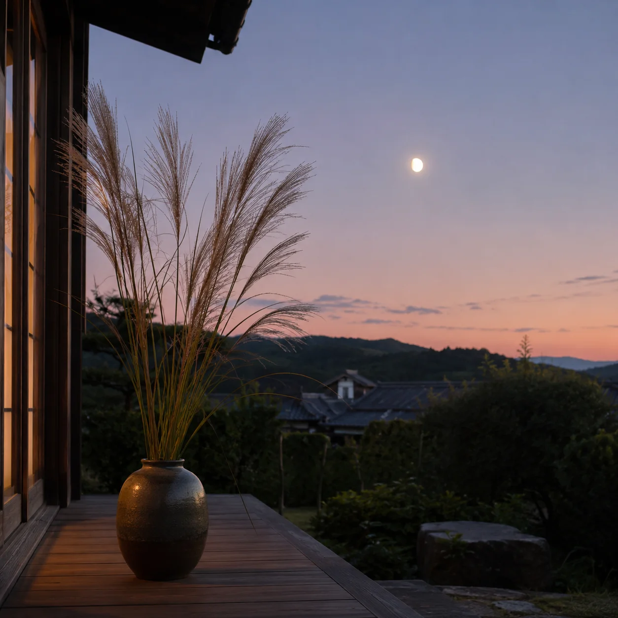 夕暮れの縁側に置かれた壺に生けられたすすきの穂。薄紫に染まる空に月が昇りはじめている