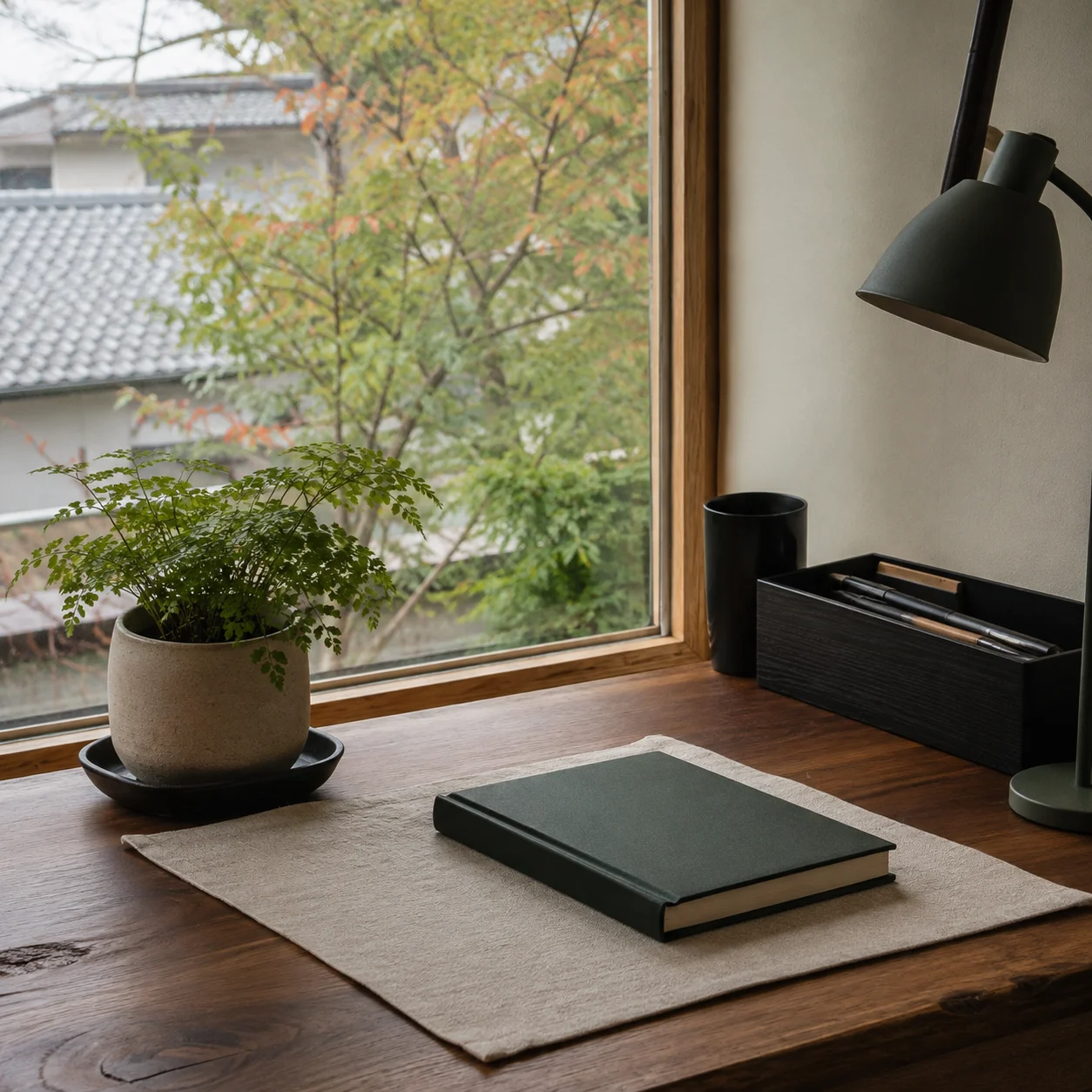 初秋の朝の窓辺 片づいた木の机に置かれた閉じた手帳と観葉植物