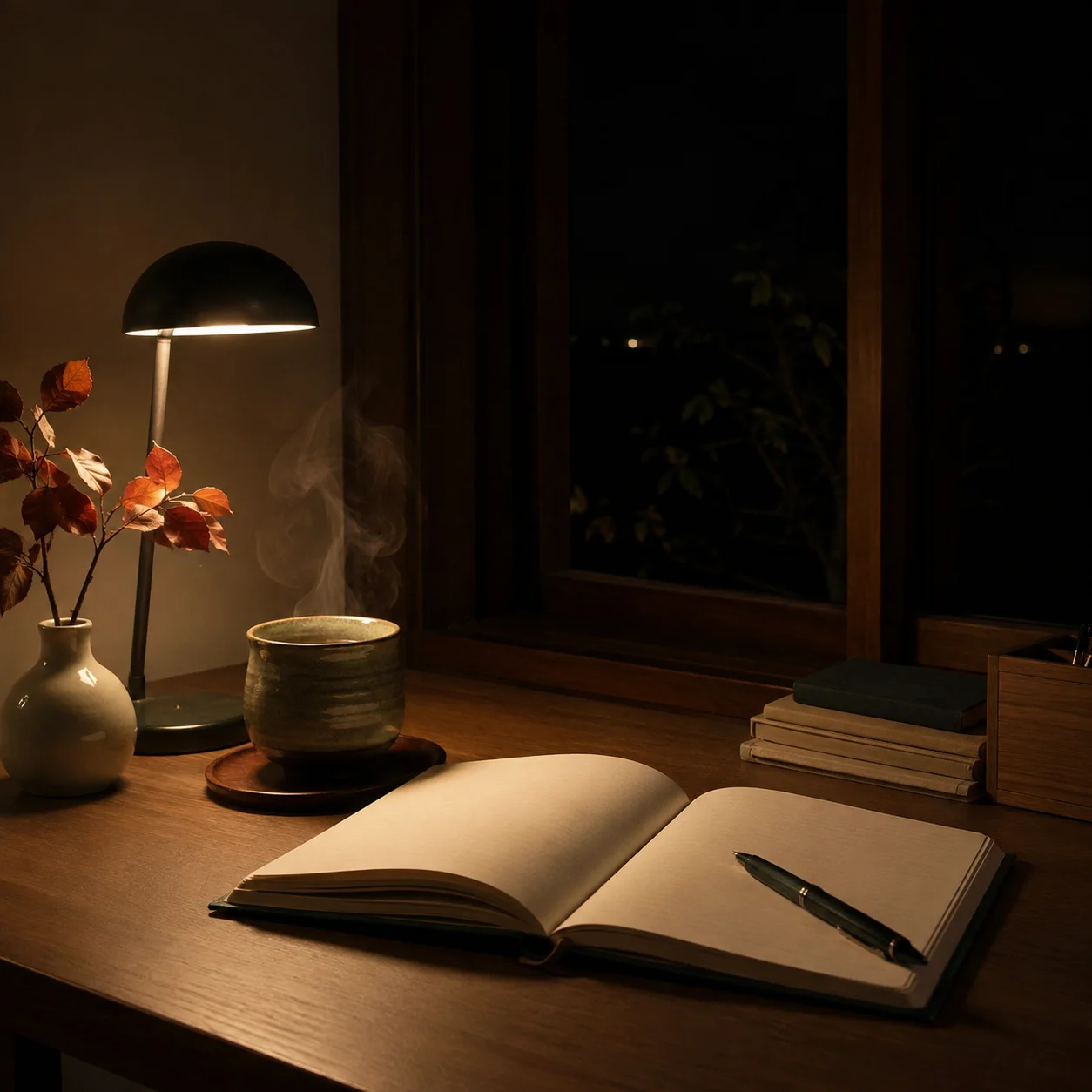 夜の机 読書灯の下の開いた手帳とペン、湯気の立つ湯のみ