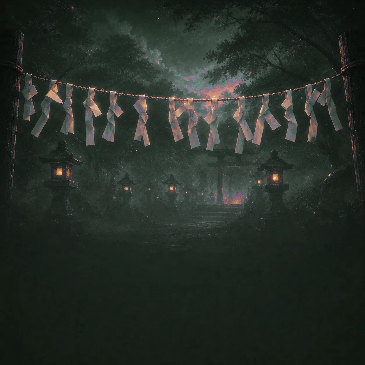 夜明け前の神社の境内で縄に結ばれ連なる白いおみくじ